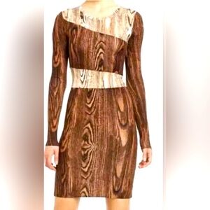 🆕 Bcbg Maxazria Wood 🪵 pattern Brown Tan Modal Dress
